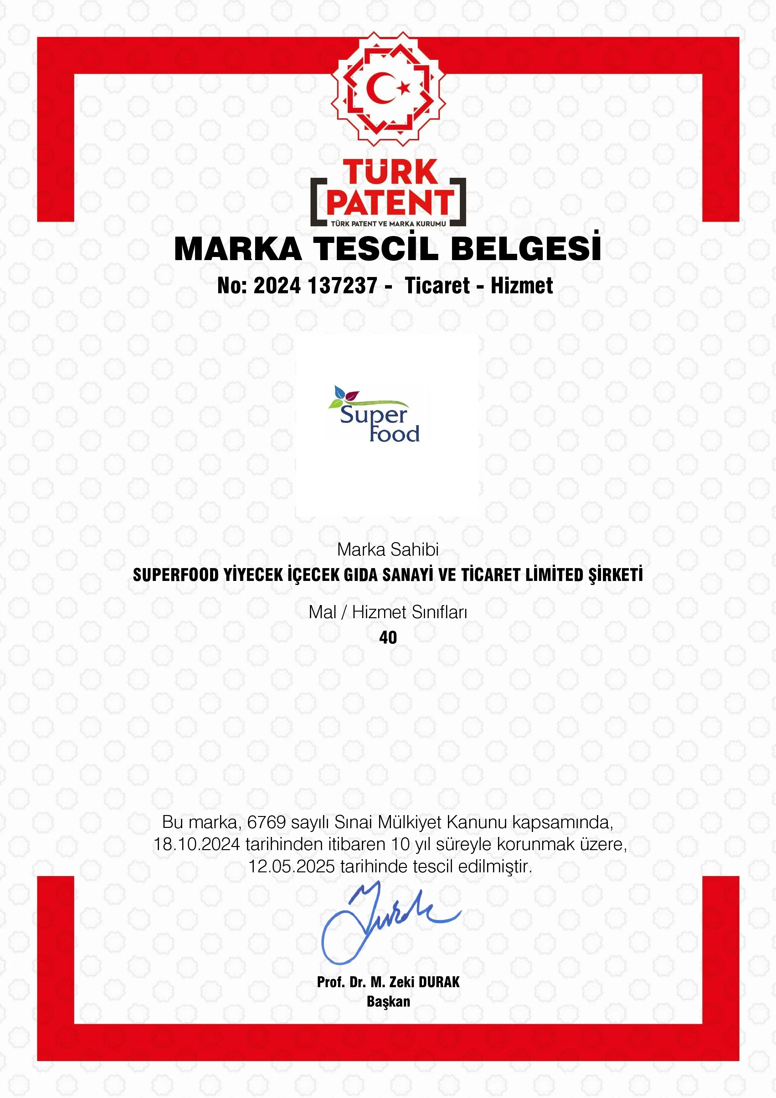 Super Food Marka Tescil Belgesi ön izlemesi